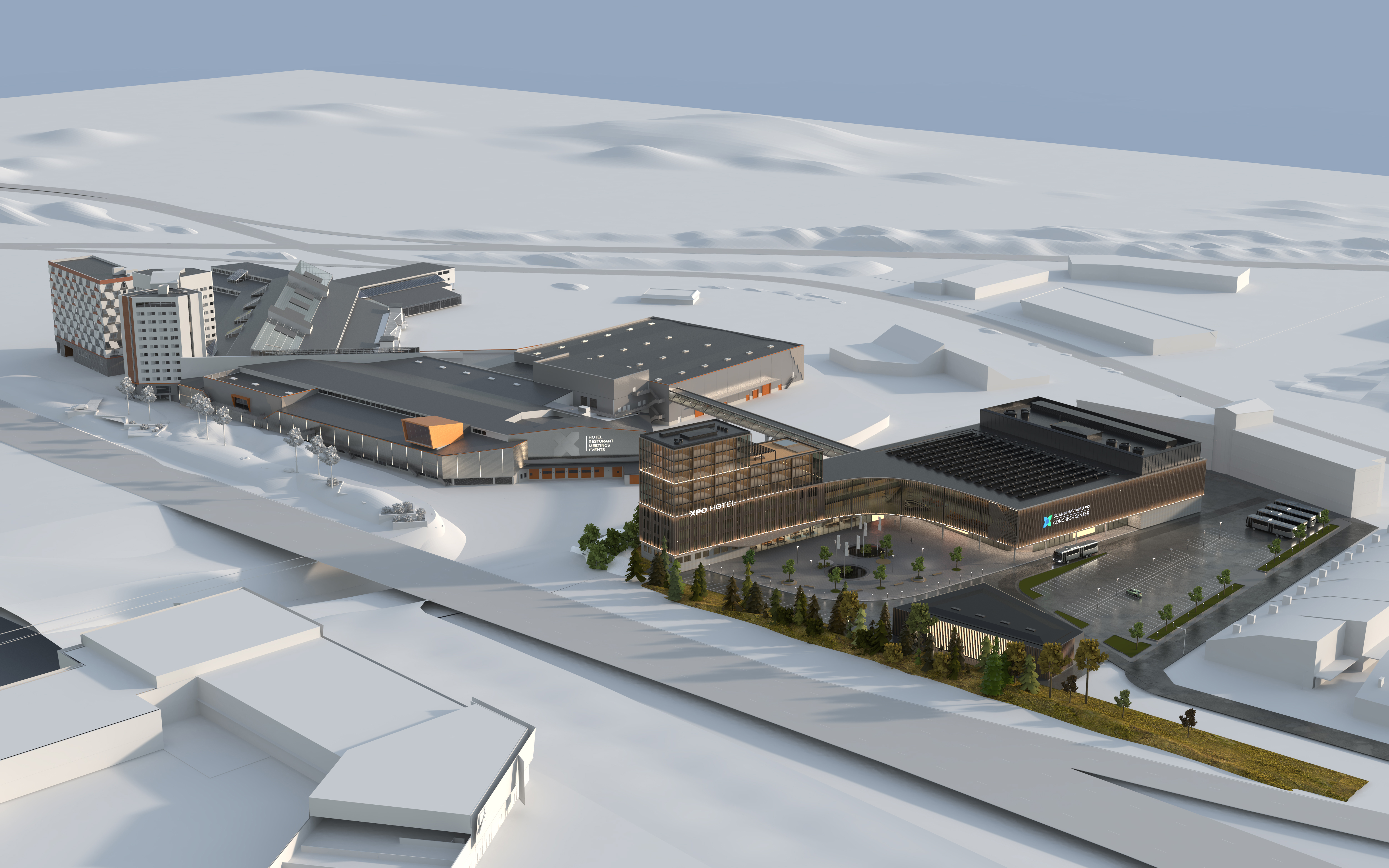 Vy E4. Visionsbild över nya kongresshallen med kopplingen till befintliga arenan.