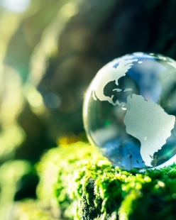 earth as a waterglobe in a green setting